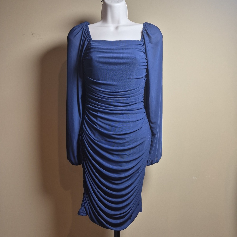 Navy Blue Ruched Bodycon Mini Dress Square Neck Mesh Lantern Sleeve Small RP5108